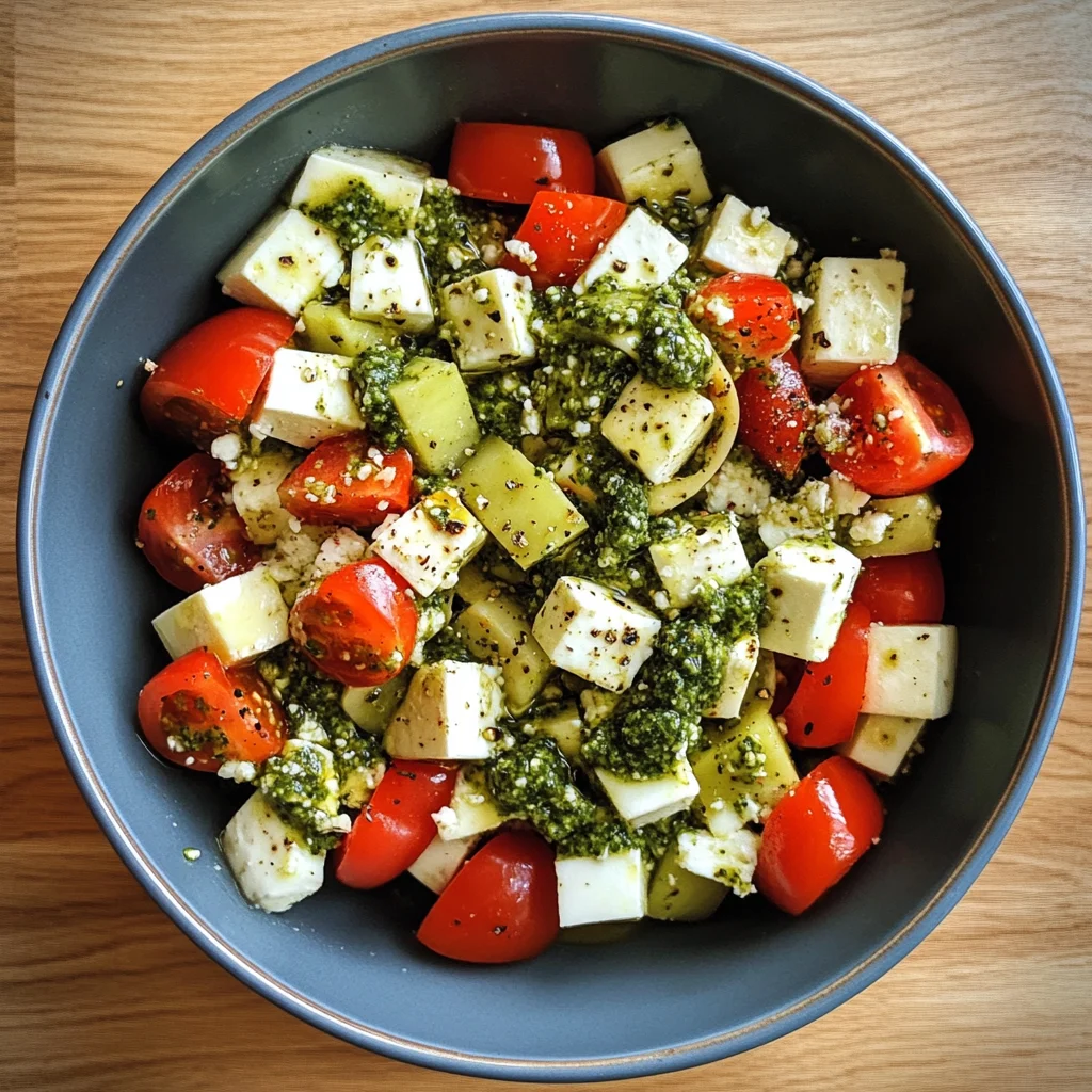 Salade ensoleillée aux pâtes, pesto et feta